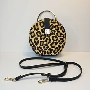 Leopard Print Round Handbag with Black Strap